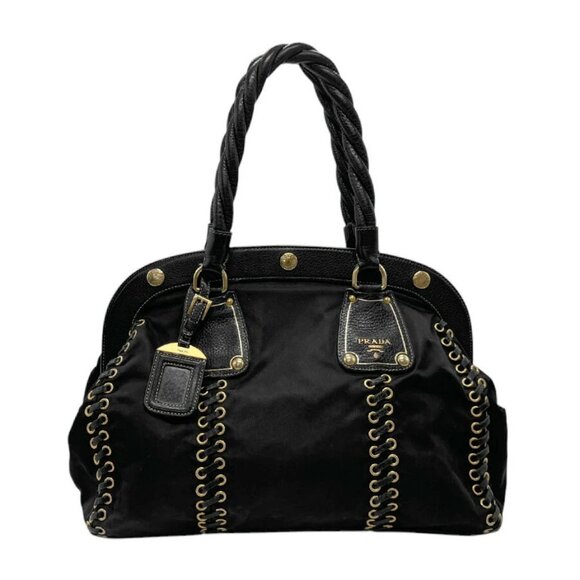 PRADA Handbag Black Nylon/Leather/Goldtone - Picture 1 of 13